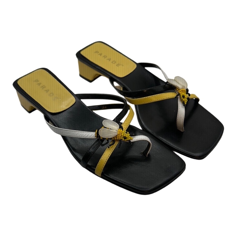 Parade Sz 7 1/2 Honey Beaded Bee Black Yellow Leather Women's Sandals